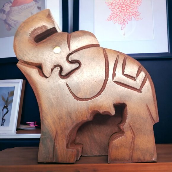 Wood Puzzle Box Elephant & Calf Handmade Secret Lock Jewelry Box Keepsake decor - Picture 10 of 11